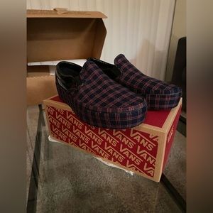 Black/Red Plaid Slip On Vans